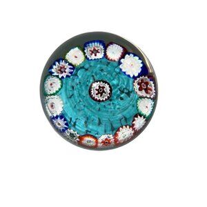 Vintage  Millefiori Art Glass Turquoise Multicolor Paperweight Collectible